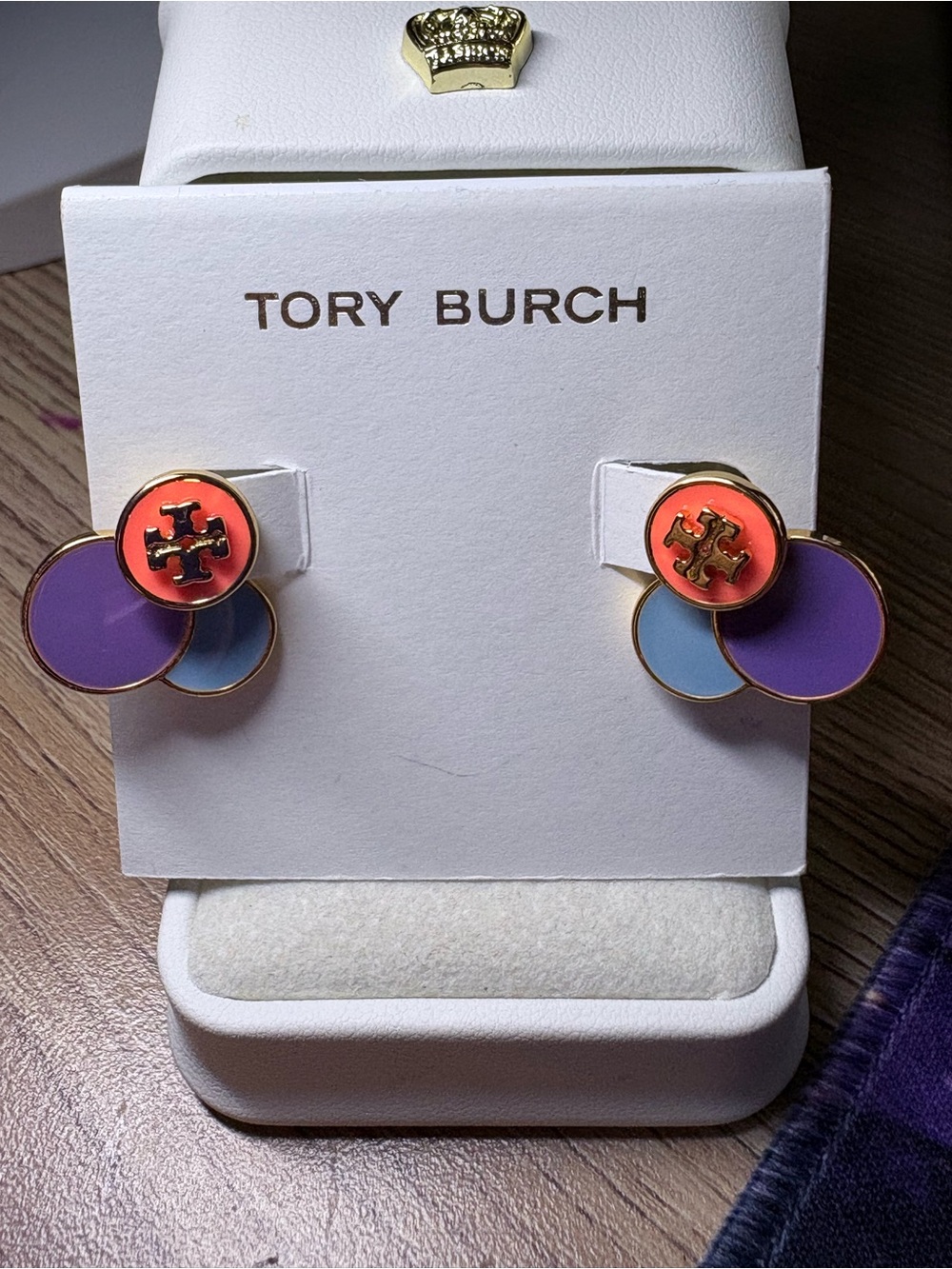 Tory Burch Coral, Purple & Light Blue Enamel Logo Cluster Earrings NWOT